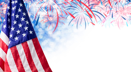 American flag and bokeh background with firework and copy space for 4 july independence day and other celebration