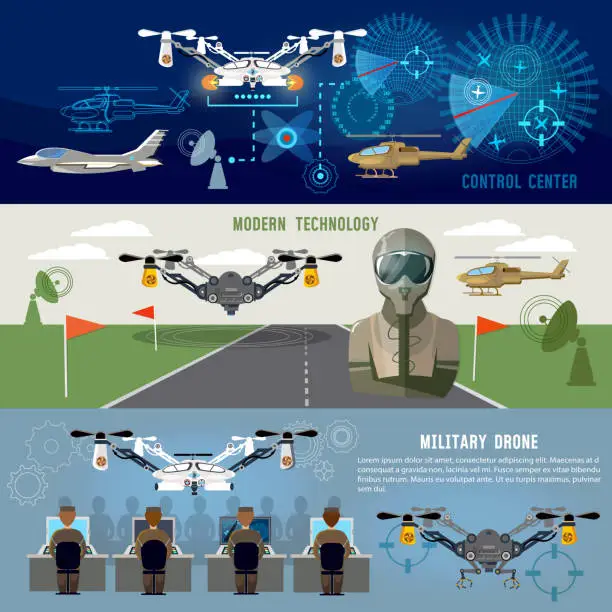 Vector illustration of Military drone, mdern army aviation and weapons. Fighting flying robots, war technology of future. Fighter aircraft, helicopters, quadrocopters military drones, powerful army control center