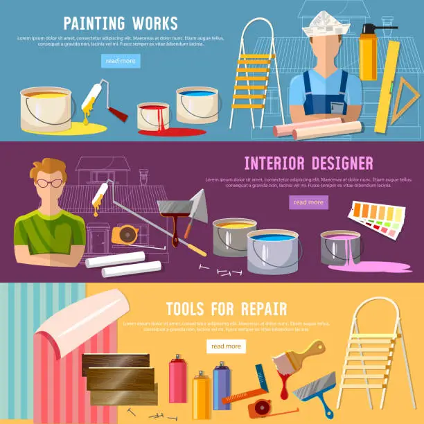 Vector illustration of House repair. Painter man work with roller banner. Painter paints walls, pastes wall wall-paper. Professional istrument of painter. Planning and design of repair