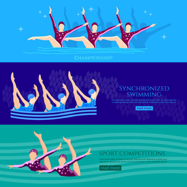 ilustrações, clipart, desenhos animados e ícones de esportes de água sincronizados das bandeiras da natação. a equipe profissional das mulheres dos atletas da natação sincronizada executa na água - synchronized swimming swimming sport symmetry