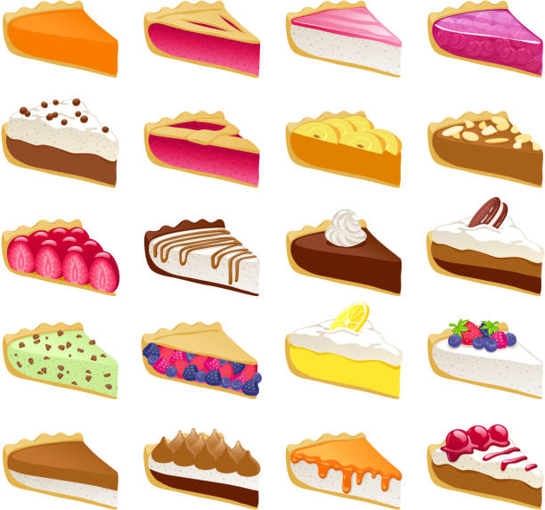 bunte süße torten scheiben set vektor-illustration - pie dessert cherry pie baked stock-grafiken, -clipart, -cartoons und -symbole