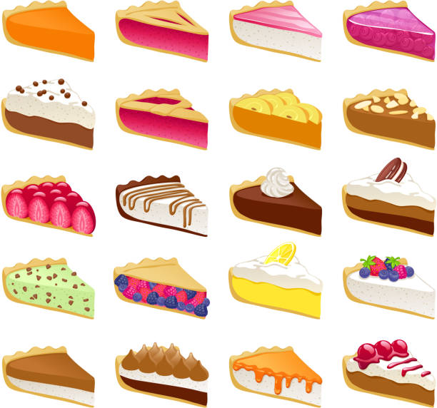 ilustrações, clipart, desenhos animados e ícones de fatias de tortas doce colorido conjunto de ilustração vetorial - dessert cheesecake gourmet strawberry