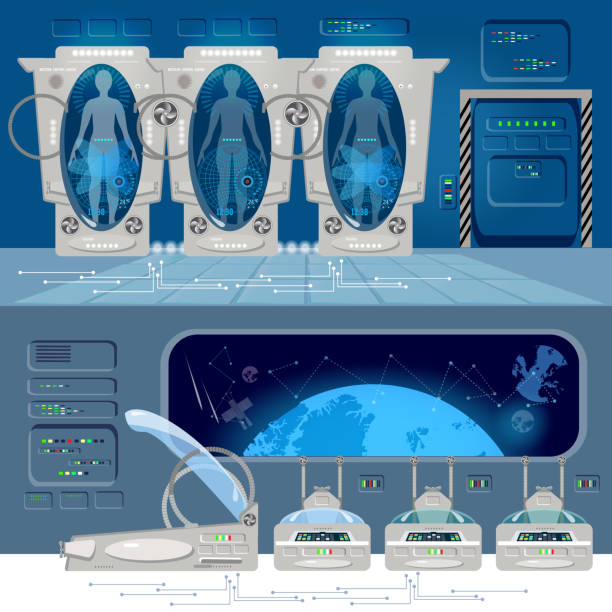 illustrazioni stock, clip art, cartoni animati e icone di tendenza di viaggio spaziale verso altri pianeti bandiera. astronauti in telecamere criogeniche, interno nello spazio profondo della nave interstellare. tecnologie del futuro, colonizzazione dell'universo - cryobiology