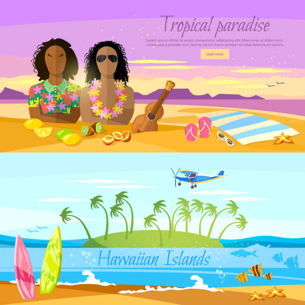 illustrations, cliparts, dessins animés et icônes de bannière de plage tropicale, île paradisiaque pour reste. voyage à hawaii, tahitii. deux surfeurs sur la magnifique plage. paradis tropical parfait. voyage en été - tropical climate airplane island hawaii islands