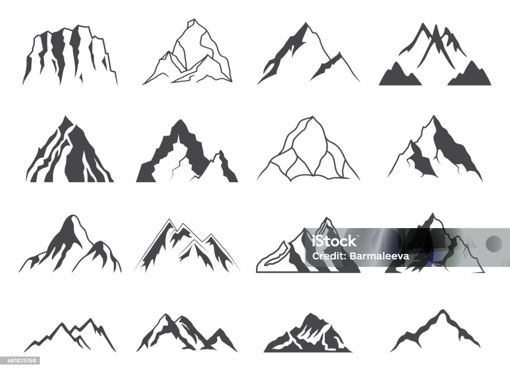 Mountain Shapes For icons Set of sixteen vector mountain shapes for icons. Camping mountain icon, travel labels, climbing or hiking badges Mountain stock vector