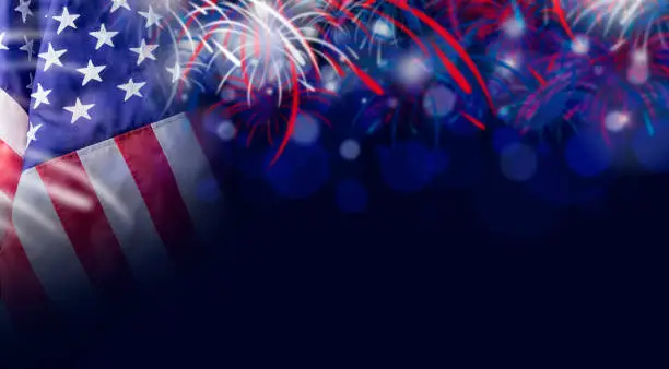 Photo of American flag and bokeh background with firework and copy space for 4 july independence day and other celebration