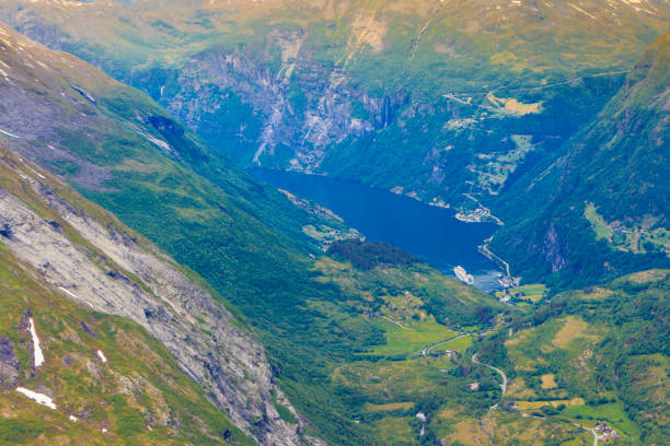 Tourism vacation and travel. Fantastic view on Geirangerfjord and mountains landscape from the Dalsnibba Plateau viewpoint, Norway Scandinavia.