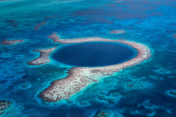 The Blue Hole Belize Lighthouse Reef Natural Phenomenon Aerial View Aerial View to the famous diving site and natural phenomenon - the Blue Hole in the Lighthouse Reef, East of the Turneffe Atoll in Caribbean Sea, Belize, Central America. coral cnidarian stock pictures, royalty-free photos & images