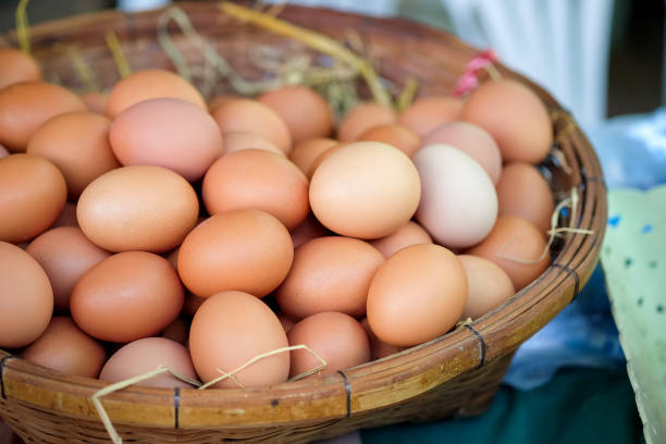 istock Eggs in a basket weave on market organic vegetables. 681849656