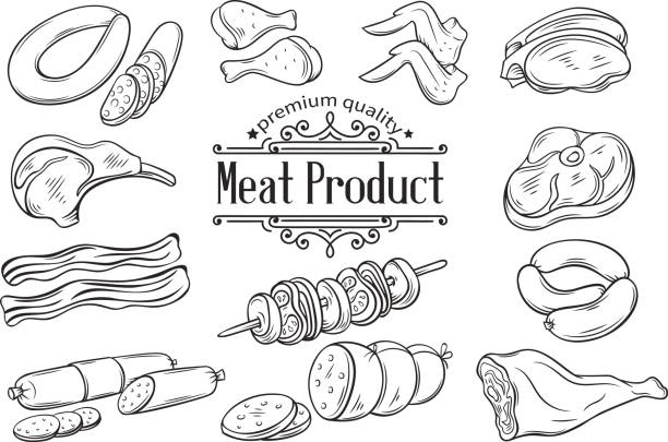 Set hand drawn monochrome icon meat Set hand drawn monochrome icon meat. Decorative meat icons in old style for the design food meat production , brochures, banner, restaurant menu and market bacon illustrations stock illustrations