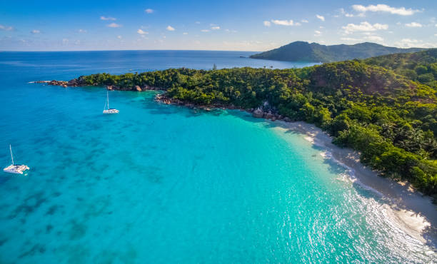 Aerial: Beautiful tropical beach - Anse Lazio, Praslin Island Picture perfect tropical Beach „Ans Lazio“, Praslin Island, Seychelles as seen from the air. la digue island photos stock pictures, royalty-free photos & images