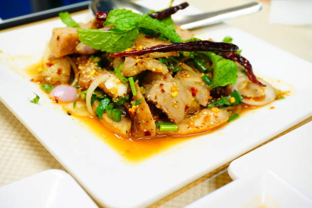 istock Thai spicy minced pork salad, thai food 681868910