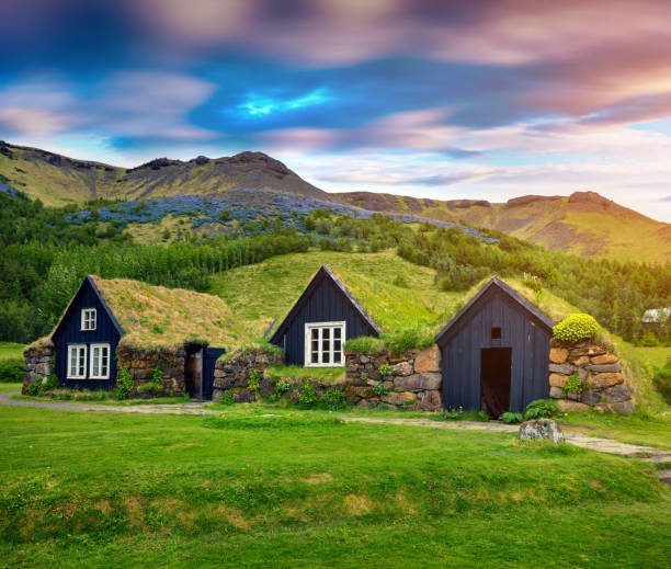 Tipical view of Icelandic turf-top  houses. stock photo