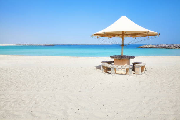 Beautiful beach with sun umbrella, summer holidays concept picture with copy space.