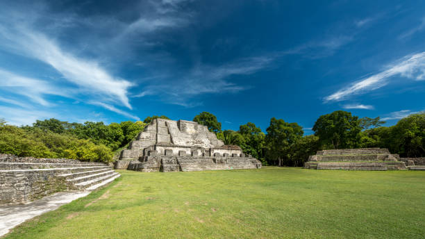 Belize Altun Ha Mayan Temple Complex Panorama Panorama of Altun Ha Complex with Temple of the Sun God - Sun God's Tomb in famous ancient Mayan City Altun Ha (translated: Rockstone Water), under blue summer sky. Altun Ha was occupied for many centuries, from about B.C. 900 to A.D. 1000. Altun Ha, 50km North of Belize City, Belize, Central America. maya temple stock pictures, royalty-free photos & images