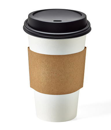 Blank take away coffee cup and sleeve with clipping path on white background