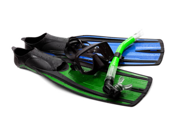 istock Mask, snorkel and flippers of different colors 681903046
