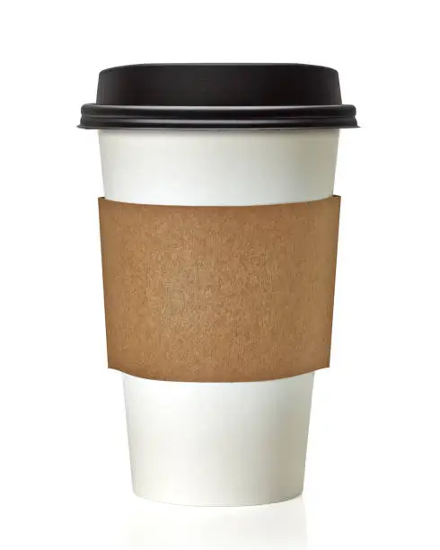Blank take away coffee cup and sleeve with clipping path on white background