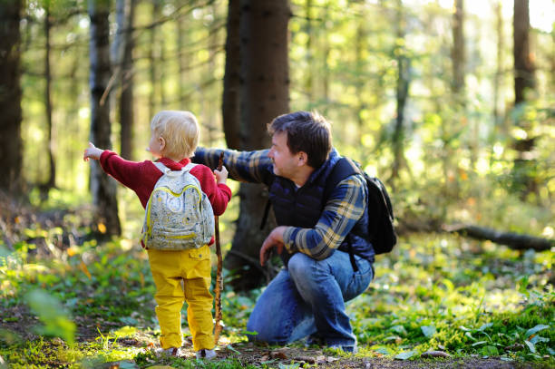 istock Father and his son walking during the hiking activities in forest 681907104