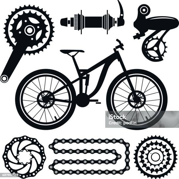 Bicycles Set Of Bicycle Parts Stock Illustration - Download Image Now - Aluminum, Bicycle, Bicycle Chain