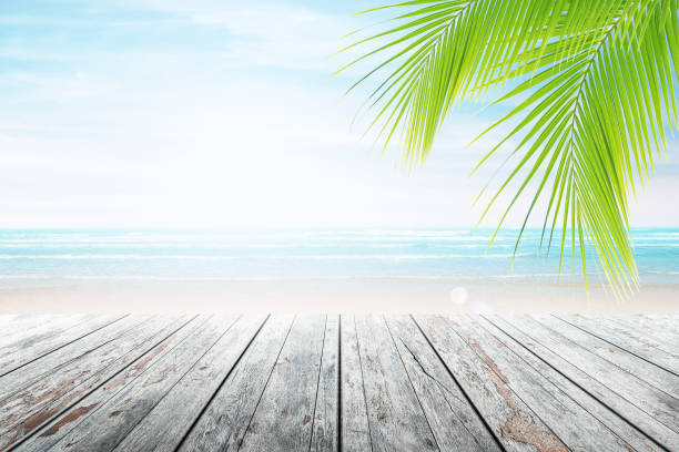 istock old wood table top on blurred beach background. 681910726