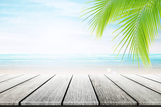 istock old wood table top on blurred beach background. 681911132