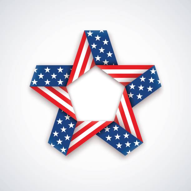 ilustrações, clipart, desenhos animados e ícones de estrela feita de fita dupla com bandeira americana estrelas e listras. ilustração em vetor. - fourth of july patriotism star shape red