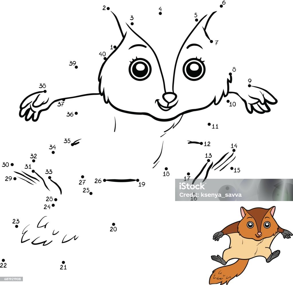 Numbers game, Flying squirrel Numbers game, education dot to dot game for children, Flying squirrel Connect the Dots stock vector
