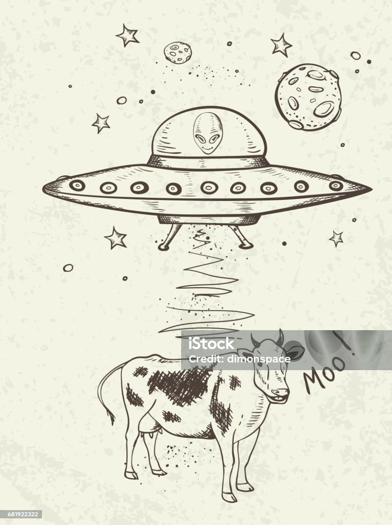 UFO abducts a cow Fantastic doodle background with UFO abducts a cow. Hand drawn vector illustration. Doodle stock vector