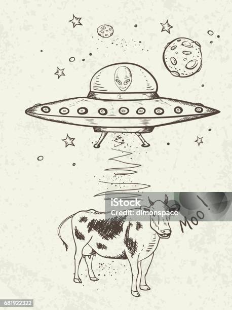 Ufo Abducts A Cow Stock Illustration - Download Image Now - Doodle, Kidnapping, UFO