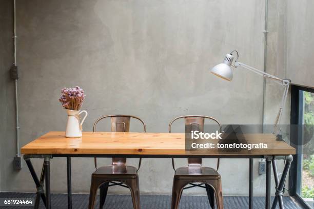 Modern Desks With Cement Wall Stock Photo - Download Image Now - Apartment, Architecture, Arts Culture and Entertainment