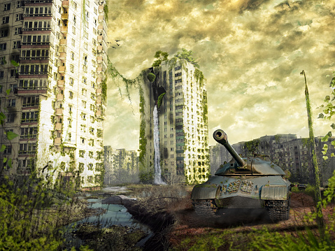 The tank in the ruins of the city. Apocalyptic landscape.3d illustration concept