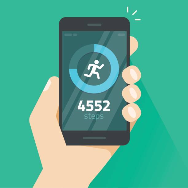 Fitness tracking app on mobile phone screen vector illustration, smartphone with run tracker, walk steps counter Fitness tracking app on mobile phone screen vector illustration flat cartoon style, smartphone with run tracker, running or walk steps counter sport tech on cellphone fitness tracker illustration stock illustrations