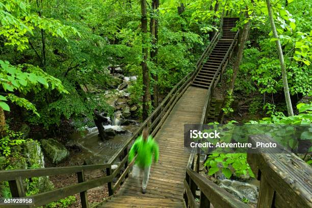 Hiking Over Creek On Bridge In Great Falls Virginia Stock Photo - Download Image Now