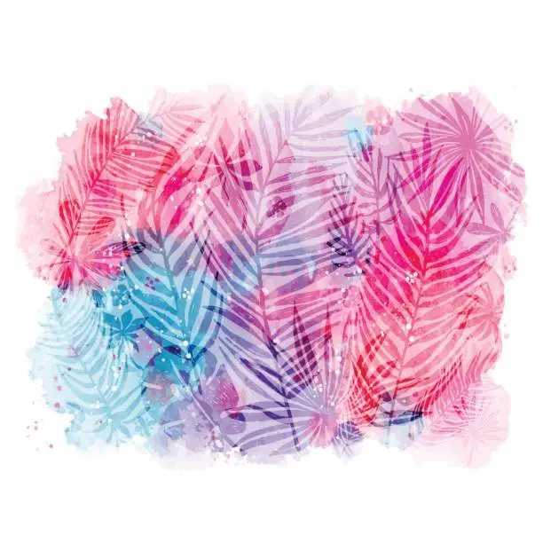 Vector illustration of Trendy pattern with exotic leaves pattern on pink blue watercolor background.