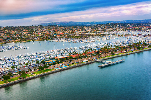 A large marina along the shores of Shelter Island on Point Loma in San Diego, California.