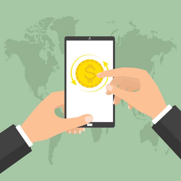 istock Businessman hand holding smart phone mobile for online currency exchange. Vector concept design of business world money exchange. 681935920