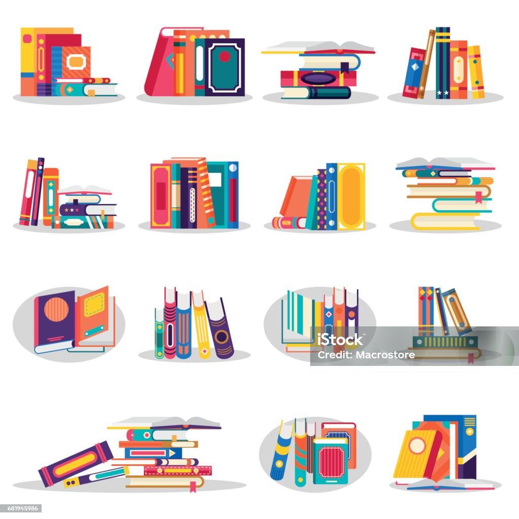 Colored books icons set in flat design Colored books icons set in flat design style isolated. Open book with bookmarks. Concept for education and study back to school, knowledge, e-book. Vector illustration. Picture Book stock vector
