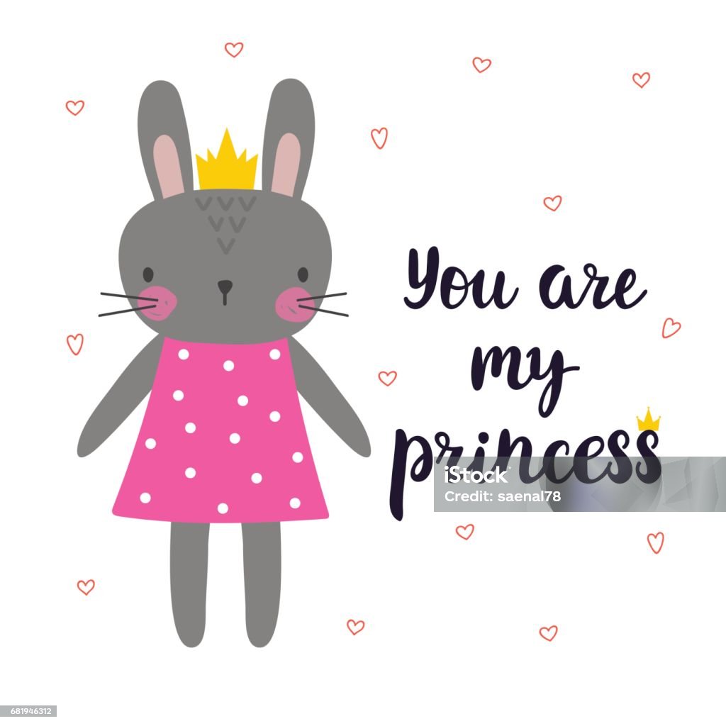 You are my princess. Cute little bunny with crown. Romantic card, greeting card or postcard. Illustration with beautiful rabbit with hearts You are my princess. Cute little bunny with crown. Romantic card, greeting card or postcard. Illustration with beautiful rabbit with hearts. Vector illustration Child stock vector