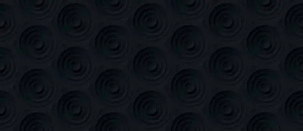 Vector illustration of Volume realistic embossing texture, circles ut in honeycomb, black background, 3d geometric seamless pattern, design vector dark wallpaper