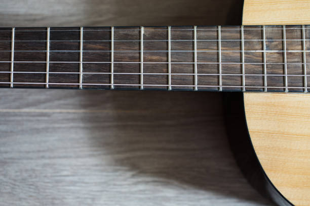 istock Guitar on wooden background, fretboard 681958800