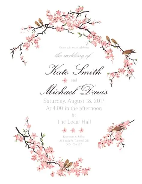 Vector illustration of Cherry Blossoms And Tiny Birds Invitation Template