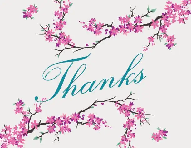 Vector illustration of Cherry Blossoms And Tiny Birds Thank You Card