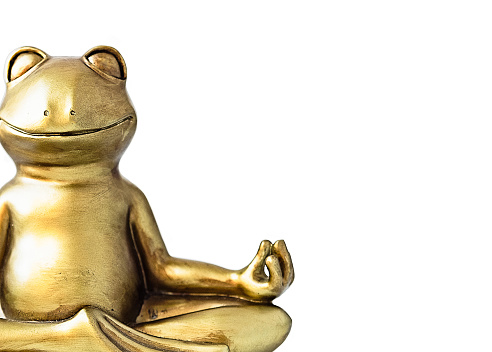 Smiling gold yoga frog meditating in lotus pose. Body, mind and soul balance, abundance, money concept. Isolated on white. Copy space