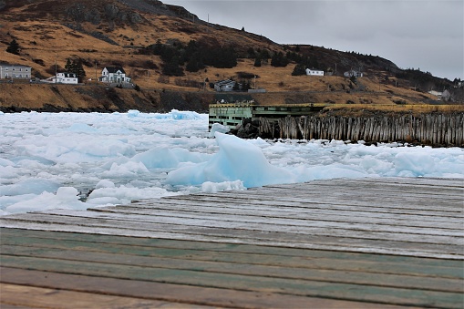 Pack Ice in Ferryland, Newfoundland and Labrador, Canada, April 22, 2017. Looking across the decking of a pier at the ice filling the bay.