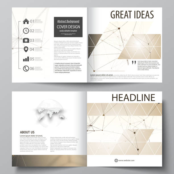 ilustrações de stock, clip art, desenhos animados e ícones de business templates for square design bi fold brochure, flyer, booklet, report. leaflet cover, vector layout. technology, science, medical concept. golden dots and lines, digital style. lines plexus - 16636