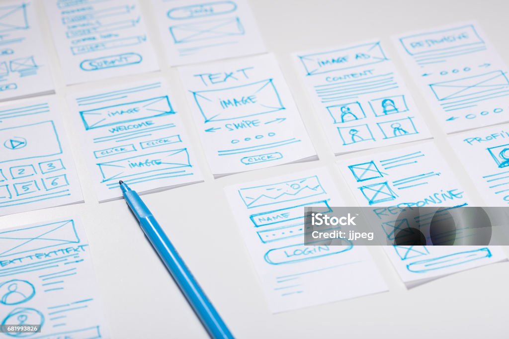 Web designer desk with sketches of screens for mobile application. Developing wireframe for mobile application Smart phone, Screen optimized, Responsive website, Mobile application, Design and prototyping Sketch Stock Photo