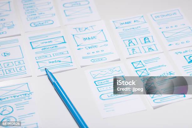 Web Designer Desk With Sketches Of Screens For Mobile Application Developing Wireframe For Mobile Application Stock Photo - Download Image Now