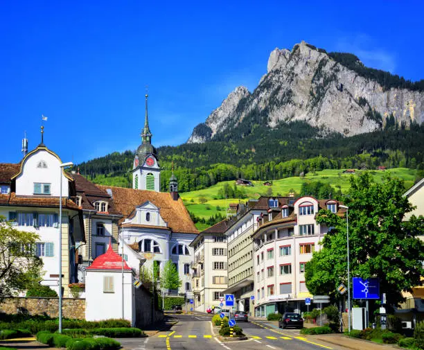 Schwyz town in Alps mountains, Central Switzerland, on a summer day