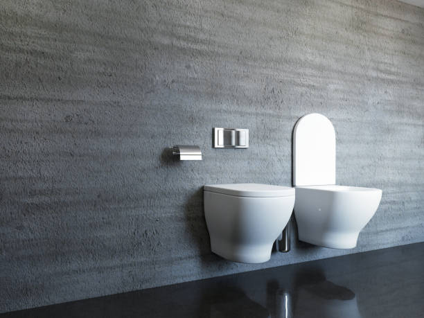 piastrelle di cemento in bagno moderno e spazioso. rendering 3d - bidet foto e immagini stock